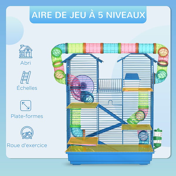 PAWHUT - Cage pour hamster souris petits animaux rongeur avec tunnel mangeoire roue jouet 47 x 30 x 59 cm cm bleu - large