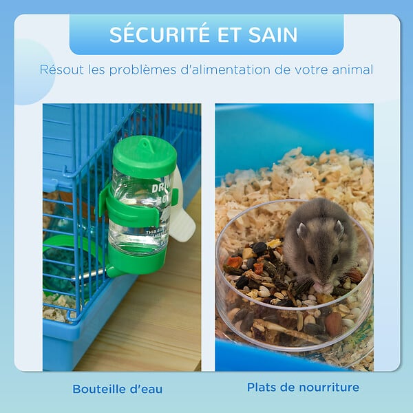 PAWHUT - Cage pour hamster souris petits animaux rongeur avec tunnel mangeoire roue jouet 47 x 30 x 59 cm cm bleu - large