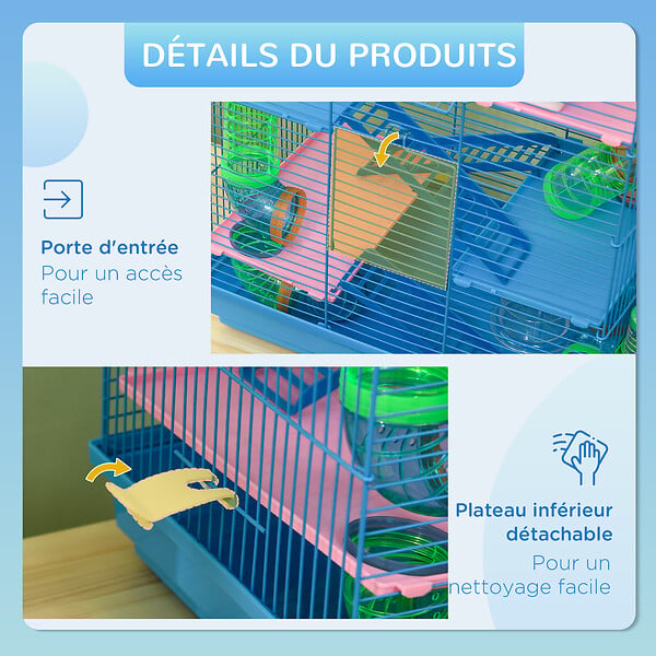 PAWHUT - Cage pour hamster souris petits animaux rongeur avec tunnel mangeoire roue jouet 47 x 30 x 59 cm cm bleu - large