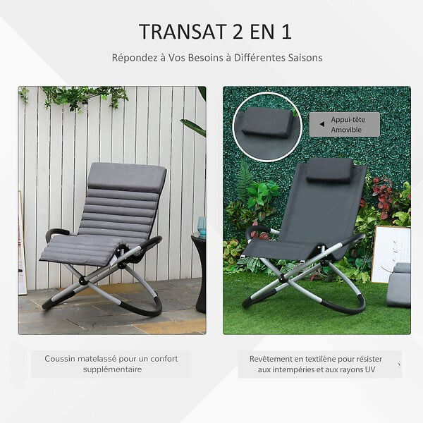 OUTSUNNY - Chaise longue à bascule pliable rocking chair design contemporain avec matelas revêtement aspect daim métal textilène gris noir - large