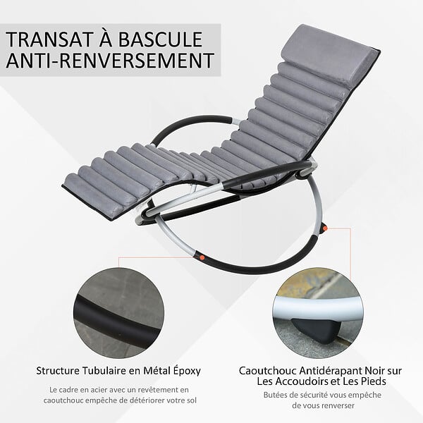 OUTSUNNY - Chaise longue à bascule pliable rocking chair design contemporain avec matelas revêtement aspect daim métal textilène gris noir - large