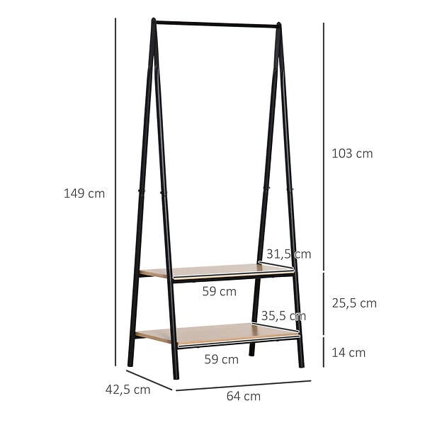OUTSUNNY - Portant à vêtements penderie style contemporain triangulaire dim. 64L x 43l x 149H cm 2 étagères MDF bois clair acier noir - large