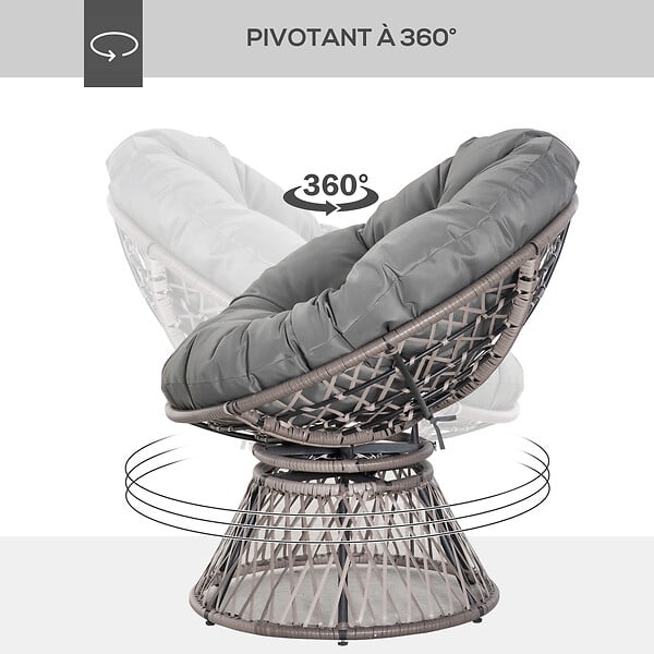 OUTSUNNY - Fauteuil rond de jardin fauteuil papasan pivotant grand confort Ø 97 x 86H cm grand coussin fourni polyester résine tressée gris - large