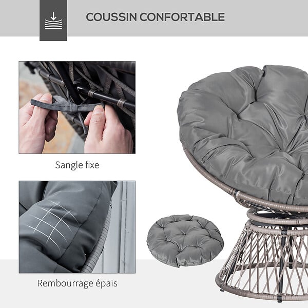 OUTSUNNY - Fauteuil rond de jardin fauteuil papasan pivotant grand confort Ø 97 x 86H cm grand coussin fourni polyester résine tressée gris - large