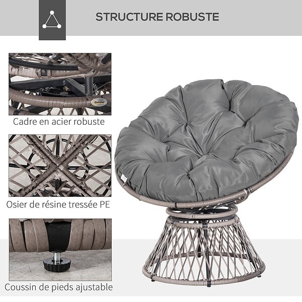 OUTSUNNY - Fauteuil rond de jardin fauteuil papasan pivotant grand confort Ø 97 x 86H cm grand coussin fourni polyester résine tressée gris - large