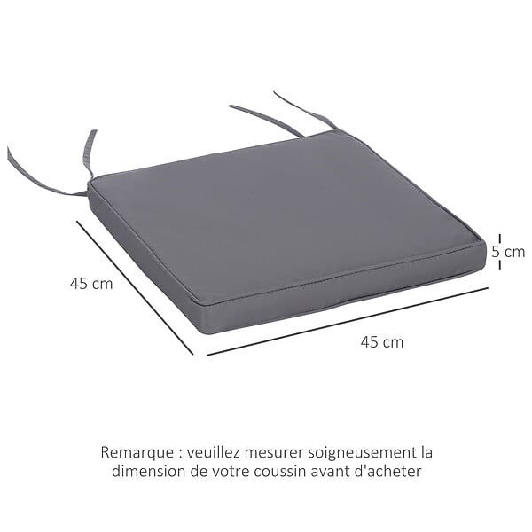 OUTSUNNY - Lot de 2 coussins d'assise carrés chaises fauteuils tabourets - coussins déhoussables zippés avec cordons d'attache - dim. 45L x 45l cm ép. 5 cm - polyester gris - large