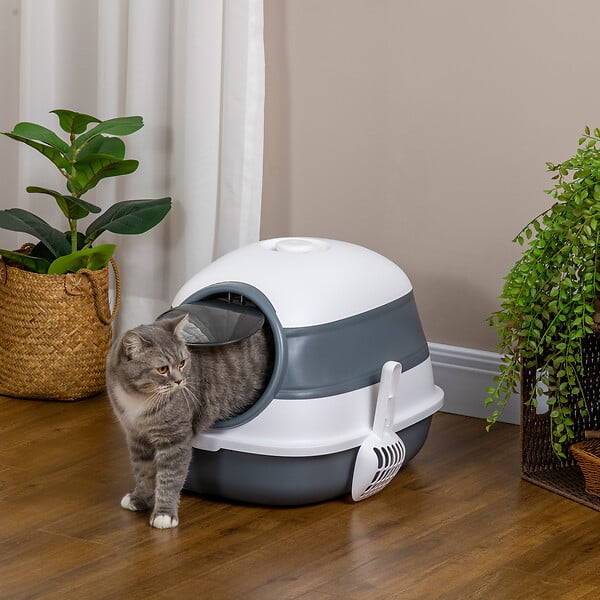 PAWHUT - Maison de toilette pliable - bac à litière chat avec porte battante, pelle et filtre inclus - ABS PP blanc gris - large