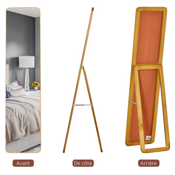 HOMCOM - Miroir sur pied et mural rectangulaire dim. 37L x 43l x 156H cm verre MDF aspect noyer clair - large