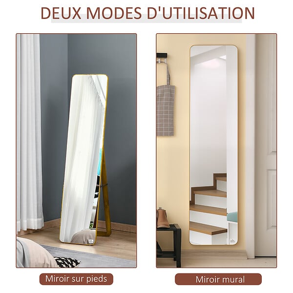 HOMCOM - Miroir sur pied et mural rectangulaire dim. 37L x 43l x 156H cm verre MDF aspect noyer clair - large