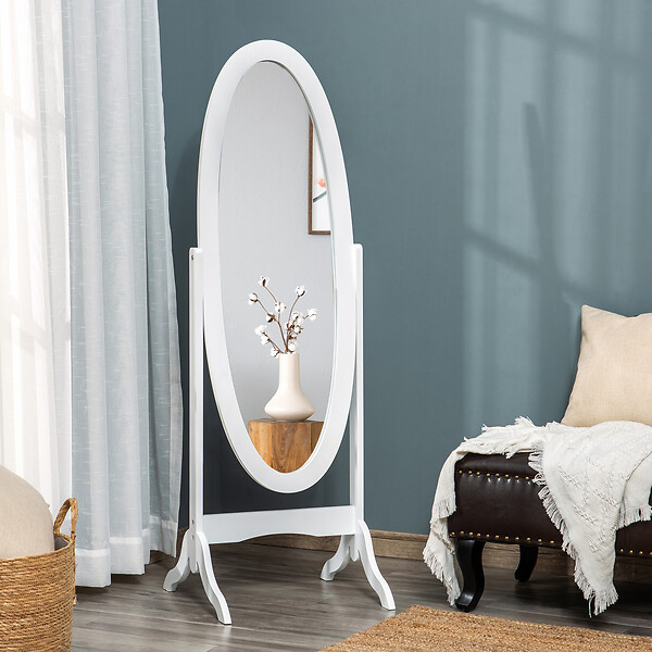 HOMCOM - Miroir à pied ovale style shabby chic inclinaison réglable dim. 47L x 45l x 154H cm MDF blanc - large