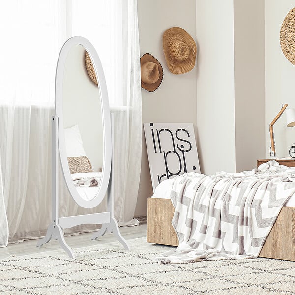 HOMCOM - Miroir à pied ovale style shabby chic inclinaison réglable dim. 47L x 45l x 154H cm MDF blanc - large