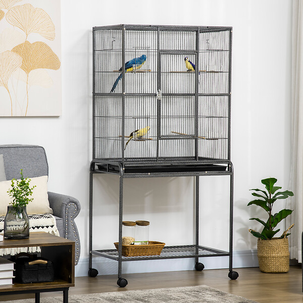 PAWHUT - Cage à oiseaux portable avec 4 mangeoires et 4 perchoirs pratique 81 x 48 x 162 cm noir et gris - large