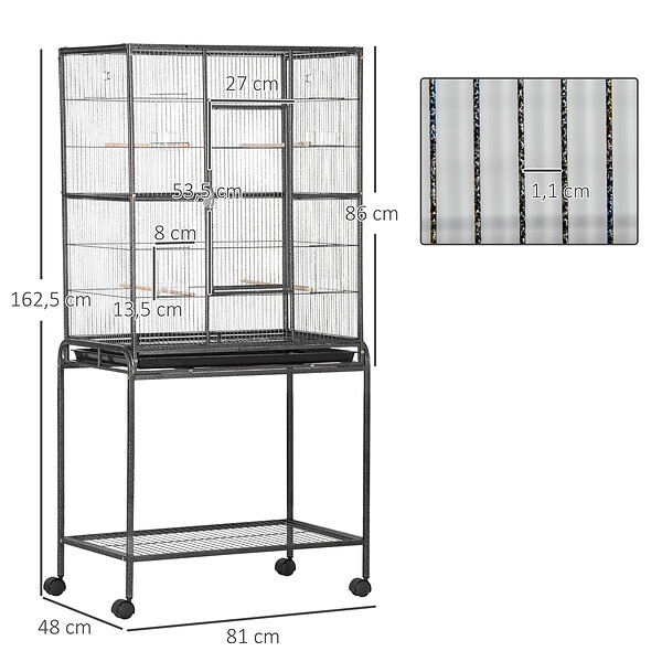 PAWHUT - Cage à oiseaux portable avec 4 mangeoires et 4 perchoirs pratique 81 x 48 x 162 cm noir et gris - large