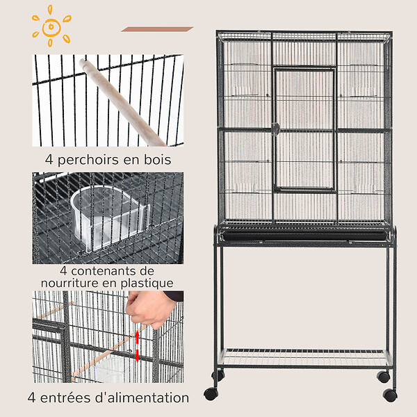 PAWHUT - Cage à oiseaux portable avec 4 mangeoires et 4 perchoirs pratique 81 x 48 x 162 cm noir et gris - large