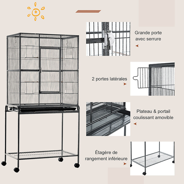 PAWHUT - Cage à oiseaux portable avec 4 mangeoires et 4 perchoirs pratique 81 x 48 x 162 cm noir et gris - large