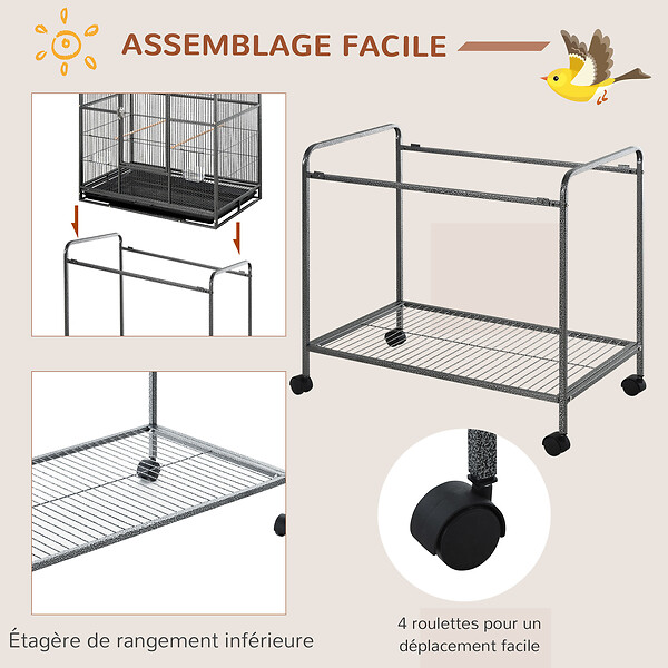 PAWHUT - Cage à oiseaux portable avec 4 mangeoires et 4 perchoirs pratique 81 x 48 x 162 cm noir et gris - large
