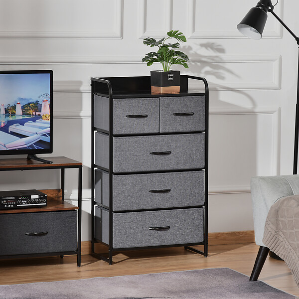 HOMCOM - Commode rangement 5 tiroirs pliables en tissu 58 x 29 x 99 cm gris - large