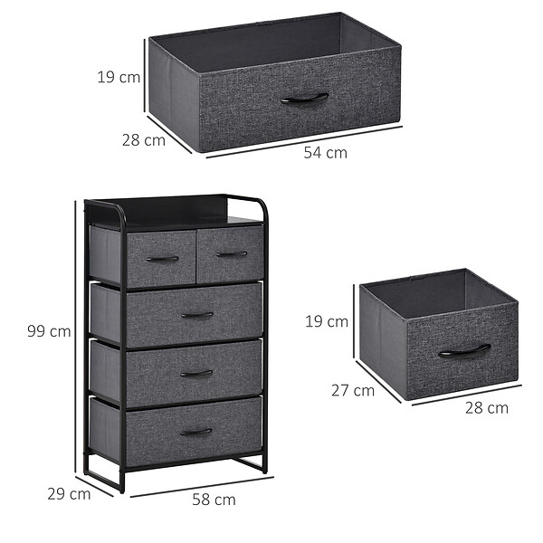 HOMCOM - Commode rangement 5 tiroirs pliables en tissu 58 x 29 x 99 cm gris - large