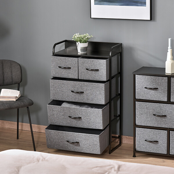 HOMCOM - Commode rangement 5 tiroirs pliables en tissu 58 x 29 x 99 cm gris - large