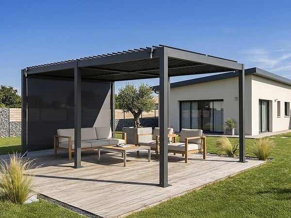 HABITAT ET JARDIN - Pergola bioclimatique avec store en aluminium "Kensington" - 3 x 5 m - Gris - large