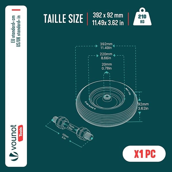 VOUNOT - Roue increvable 4.80/4.00-8 en PU pour brouette diable alesage 20mm 392x92 mm Jaune - large