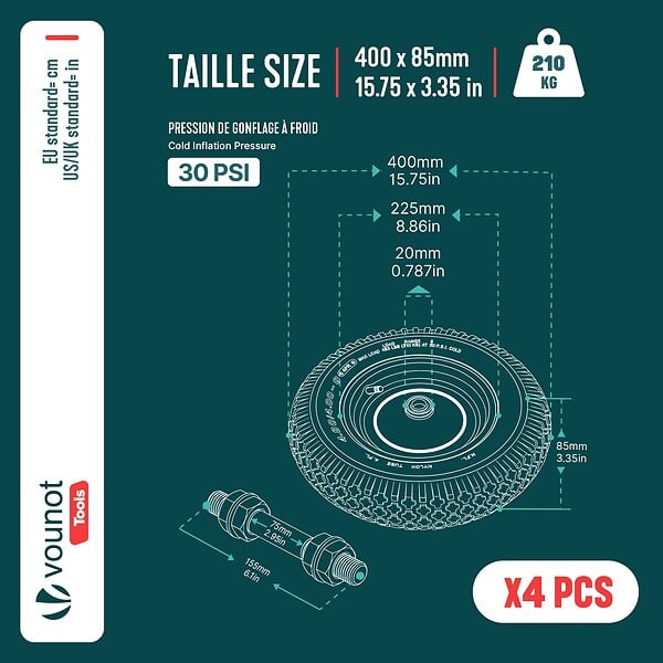 VOUNOT - Lot de 4 Roue gonflable robuste 4.80/4.00-8 pour chariot brouette alesage 20mm 400x85mm Rouge - large