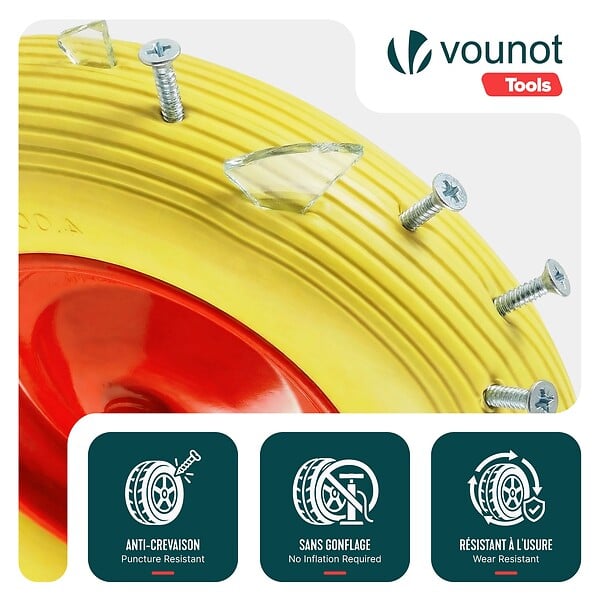 VOUNOT - Lot de 2 Roue increvable 4.80/4.00-8 en PU pour brouette diable alesage 20mm 392x92 mm Jaune - large