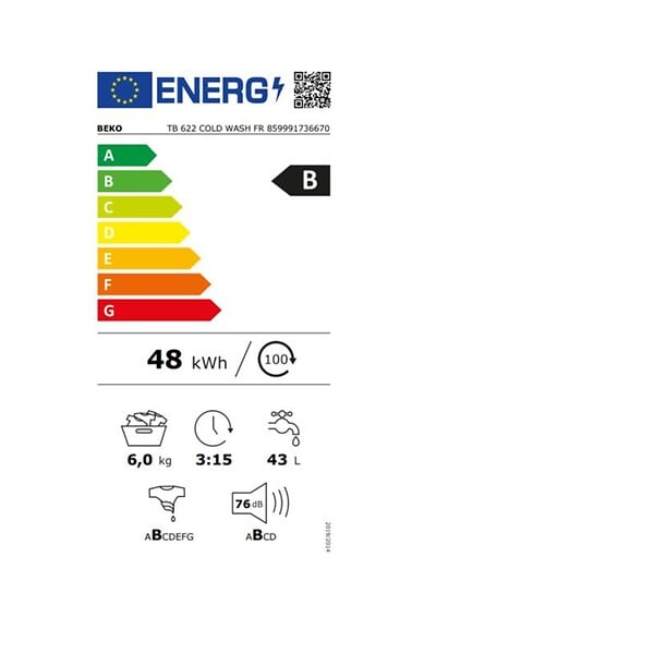 BEKO - Lave-linge Top 6kg 1200 Tours/min Blanc - TB622COLDWASHFR - large