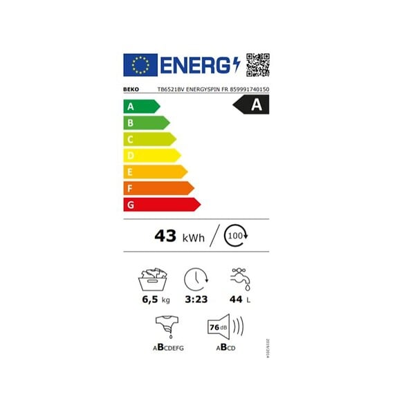 BEKO - Lave-linge Top 6.5kg 1200 Tours/min Blanc - TB6521BVENERGYSPINFR - large