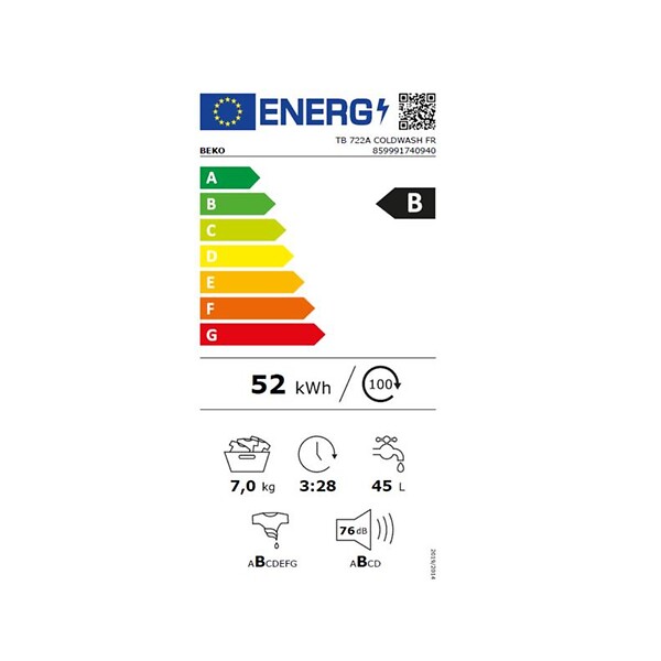 BEKO - Lave-linge Top 7kg 1200 Tours/min Blanc - TB722ACOLDWASHFR - large