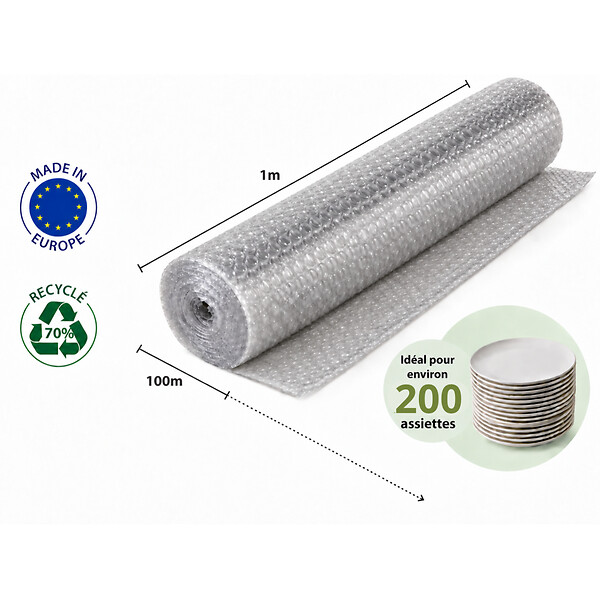 PACK AND MOVE - Pack And Move - Film À Bulle Recyclé - 1 X 100 M - Déménagement, Expédition Et Protection - Papier Bulle De Qualité - 70% recyclé - large