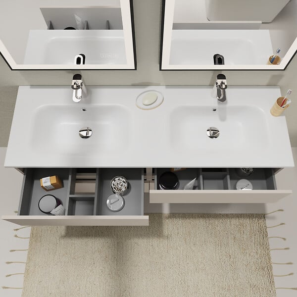 PLANETE BAIN - Meuble salle de bain 140 cm - Double vasque Solid surface - Beige cachemire mat - A suspendre - Karaib 2 - large