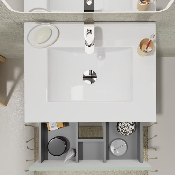 PLANETE BAIN - Meuble salle de bain strié 60 cm - Plan vasque céramique - Vert mat - A suspendre - Karaib 2 - large