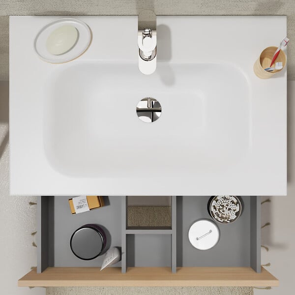 PLANETE BAIN - Meuble salle de bain 70 cm - Plan vasque Solid surface - Effet chêne sonoma - A suspendre - Karaib 2 - large