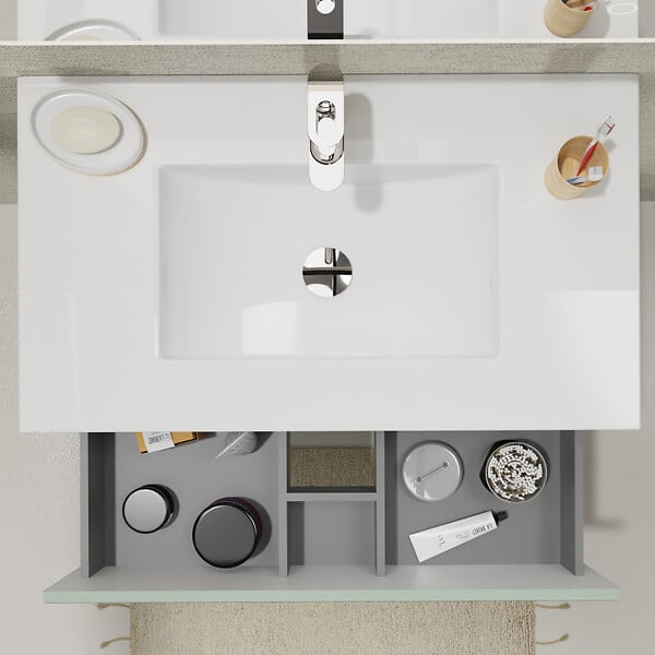 PLANETE BAIN - Meuble salle de bain 80 cm A poser - Plan vasque céramique - Vert mat - Karaib 2 - large