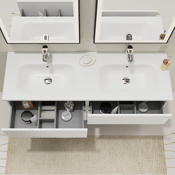 PLANETE BAIN - Meuble salle de bain strié 140 cm - Double vasque Solid surface - Blanc mat - A suspendre - Karaib 2 - large