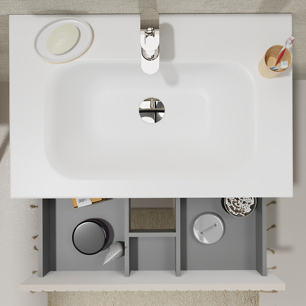 PLANETE BAIN - Meuble salle de bain strié 70 cm - Plan vasque Solid surface - Beige cachemire mat - A suspendre - Karaib 2 - large