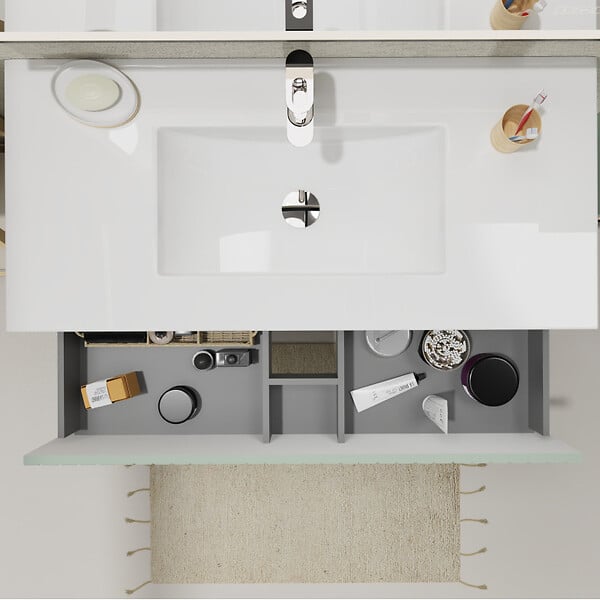 PLANETE BAIN - Meuble salle de bain strié 100 cm - Plan vasque céramique - Vert mat - A suspendre - Karaib 2 - large