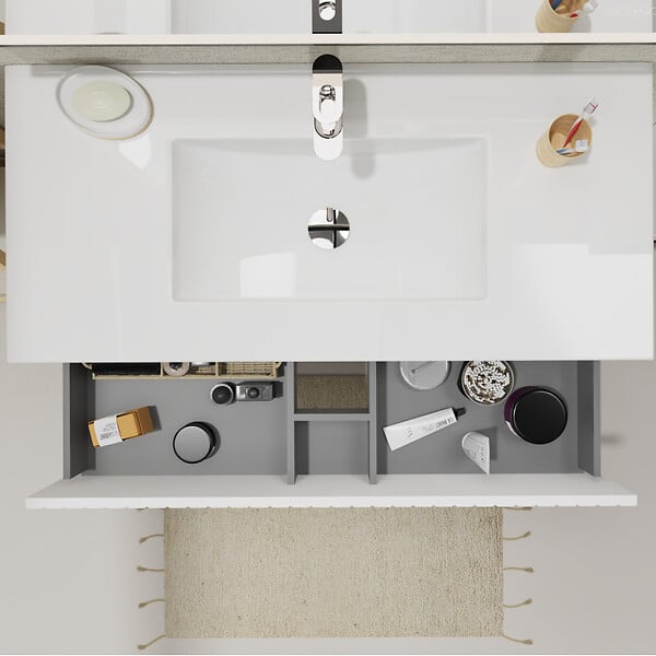 PLANETE BAIN - Meuble salle de bain strié 100 cm - Plan vasque céramique - Blanc mat - A suspendre - Karaib 2 - large