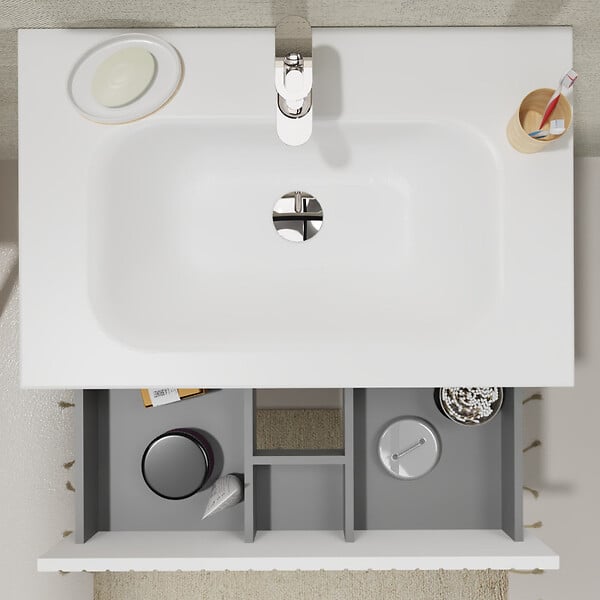 PLANETE BAIN - Meuble salle de bain strié 70 cm - Plan vasque Solid surface - Blanc mat - A suspendre - Karaib 2 - large
