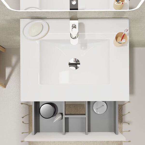 PLANETE BAIN - Meuble salle de bain 60 cm - Plan vasque céramique - Beige cachemire mat - A suspendre - Karaib 2 - large