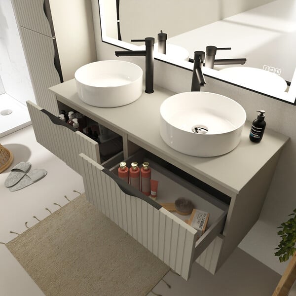 CERSANIT - Meuble salle de bain strié 120 cm pour vasque à poser - Beige cachemire mat - à suspendre - Tirso - large