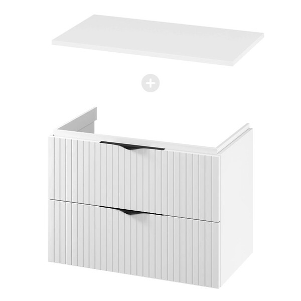CERSANIT - Meuble salle de bain strié 80 cm pour vasque à poser - Blanc mat - à suspendre - Tirso - large