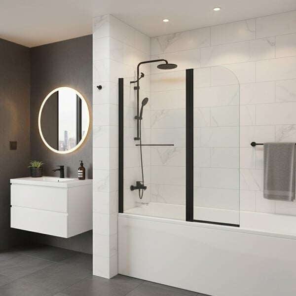 PLANETE BAIN - Pare-baignoire fixe avec volet pivotant design 120 x 140 cm aluminium noir mat verre 6 mm anticalcaire - large