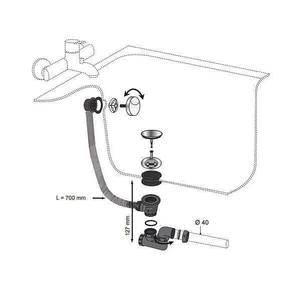 WIRQUIN - Vidage complet de baignoire NF à câble finition ABS blanc mat L. 700 mm - large