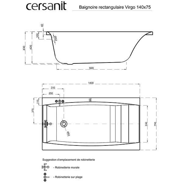 CERSANIT - Baignoire rectangulaire gain de place 140x75 cm VIRGO encastrable en acrylique + tablier central - large