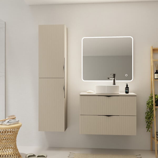 CERSANIT - Meuble colonne de salle de bain strié H 160 cm beige cachemire mat à suspendre - Tirso - large