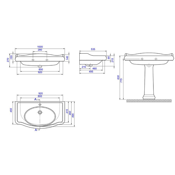 PLANETE BAIN - Lavabo colonne rétro 100 cm en céramique blanc - large