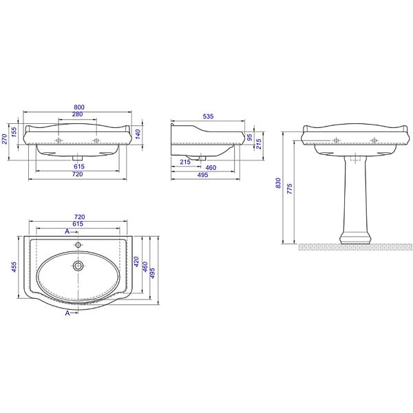 PLANETE BAIN - Lavabo colonne rétro 80 cm en céramique blanc - large