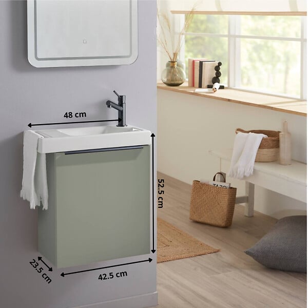 PLANETE BAIN - Meuble lave-mains Vert avec poignée noire et porte serviette - Mitigeur à droite - L.48 X H. 52.5 cm - Houston 2 - large